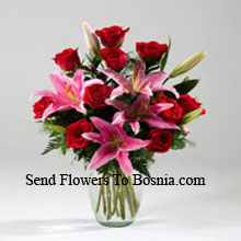 Lilies And Rose In A Vase Including Seasonal Fillers Delivered in Bosnia