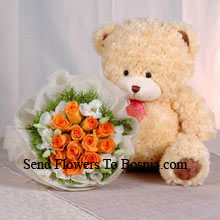 Bunch Of 12 Orange Roses And A Medium Sized Cute Teddy Bear Delivered in Bosnia