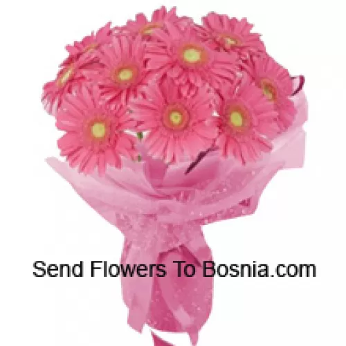 A Beautiful Hand Bunch Of 12 Pink Gerberas With Seasonal Fillers