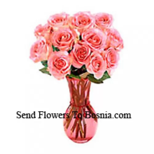 12 Pink Roses In A Glass Vase