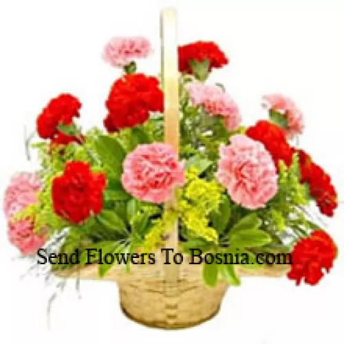 Basket Of 6 Pink And 6 Red Carnations