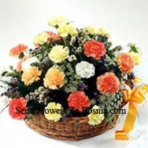 Basket Of 24 Mixed Colored Carnations With Seasonal Fillers