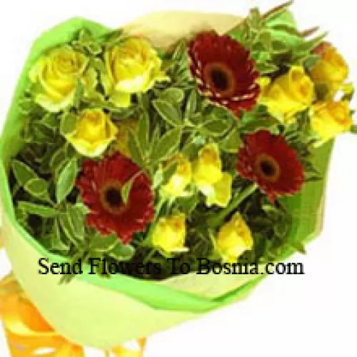 Bouquet de 10 roses jaunes et 3 gerberas rouges