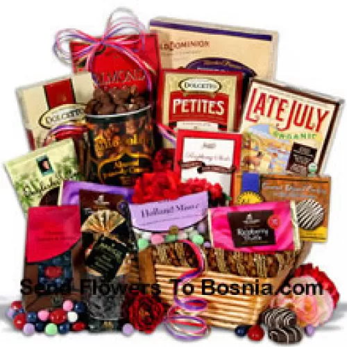 Valentine Gift Basket Having Chocolate Wafer Petites, Chocolate Almond Pecan-dy, English Toffee Singles, Gourmet Dark Chocolate Dipped Cookies, Chocolate Covered Cherries and Blueberries, Dark Chocolate Raspberry Truffle Filled Bar, Holland Mints, Organic Dark Chocolate Sandwich Cookies, Dark Chocolate Covered Raisins, Chocolate Dipped Toffee Peanuts, Chocolate Wafer Rolls, Triple Nut Milk Chocolate Bar, Almond Roca Buttercrunch, Dark Chocolate Raspberry Sticks  (Please Note That We Reserve The Right To Substitute Any Product With A Suitable Product Of Equal Value In Case Of Non-Availability Of A Certain Product)