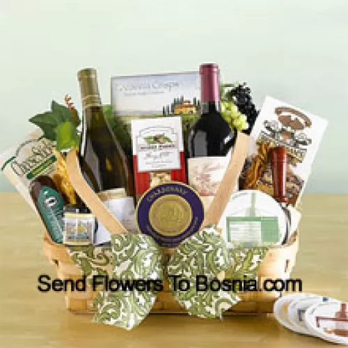 This Father's Day Gift Basket includes two California Red Wine, cheese, crisp crackers, pistachios, nuts, salami, chocolate chip cookies, a Napa Valley mini mustard, and a set of coasters along with a keepsake cheese spreader.  (Contents of basket including wine may vary by season and delivery location. In case of unavailability of a certain product we will substitute the same with a product of equal or higher value)